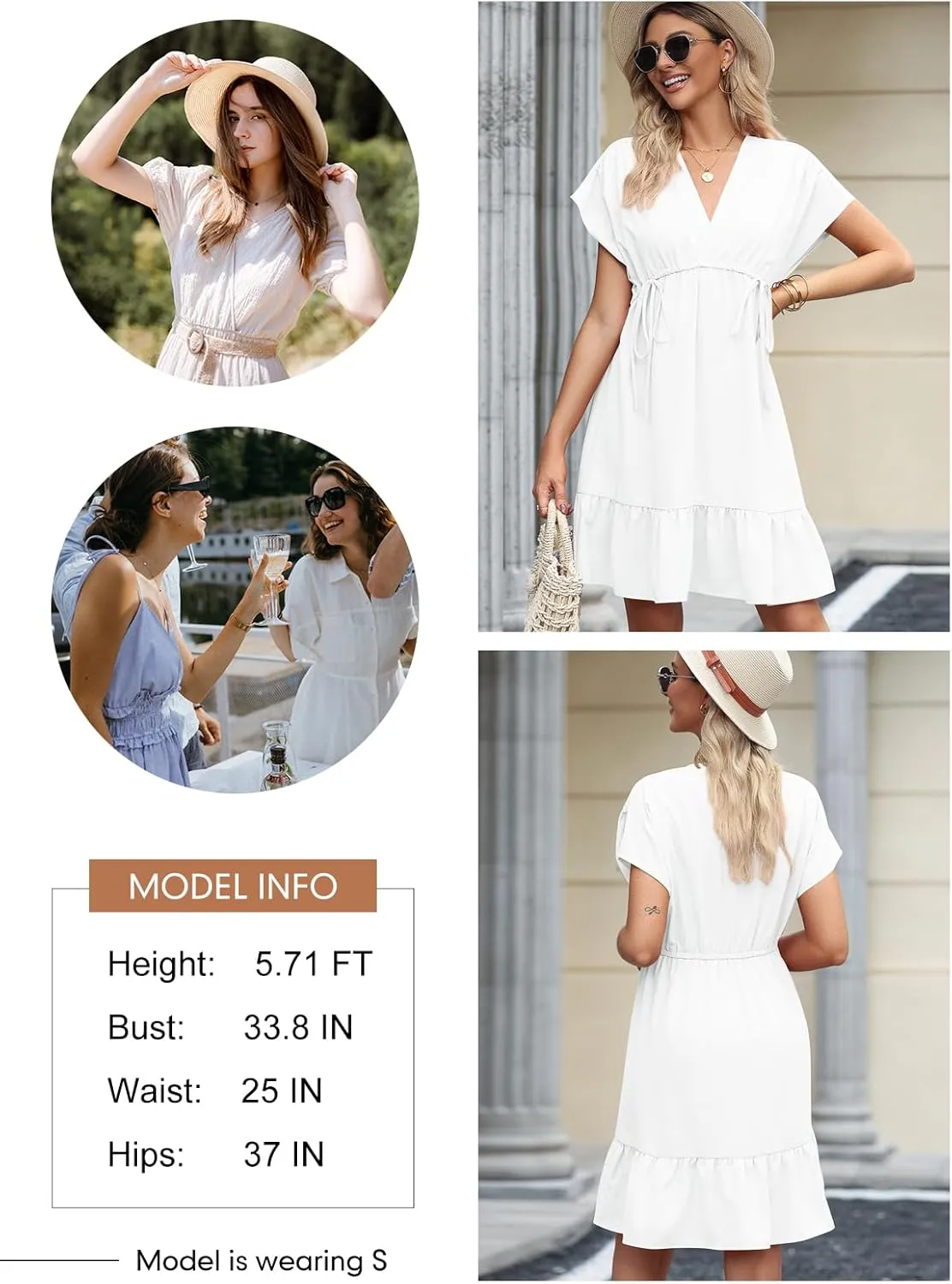 Dokotoo Womens Summer Dresses 2025 Short Sleeve V Neck Empire Waist Drawstring Casual Ruffle A-Line Swing Mini Babydoll Dress