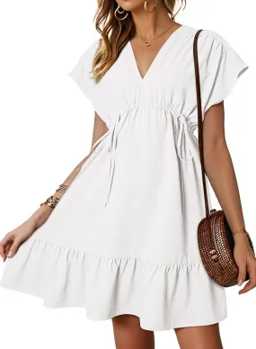 Dokotoo Womens Summer Dresses 2025 Short Sleeve V Neck Empire Waist Drawstring Casual Ruffle A-Line Swing Mini Babydoll Dress