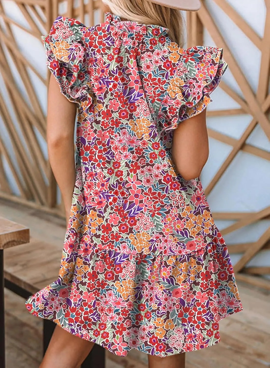 Dokotoo Womens Summer Dresses 2025 V-Neck Drawstring Ruffle Cap Short Sleeve Side Pockets Mini Dress Sundress