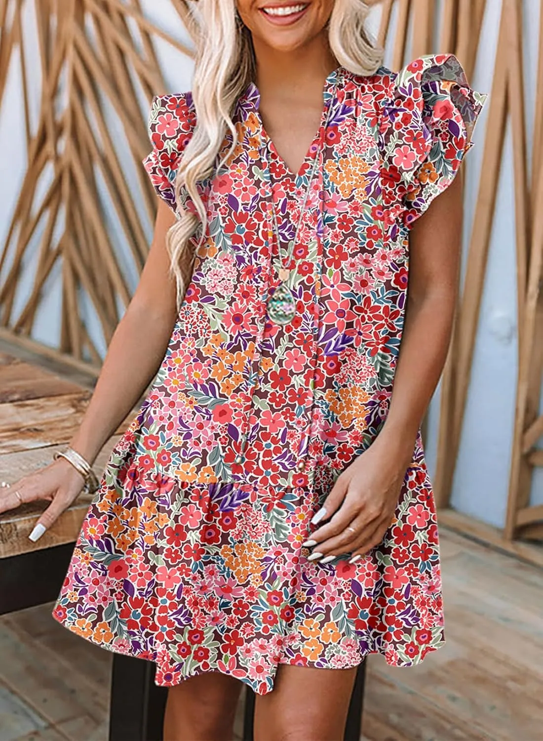 Dokotoo Womens Summer Dresses 2025 V-Neck Drawstring Ruffle Cap Short Sleeve Side Pockets Mini Dress Sundress