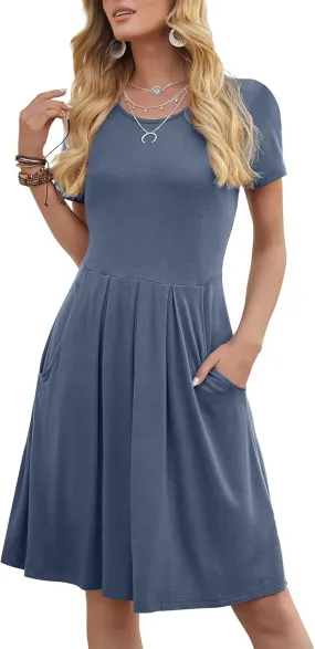 DouBCQ Women's Casual Flowy Pleated Loose Dresses with Pockets