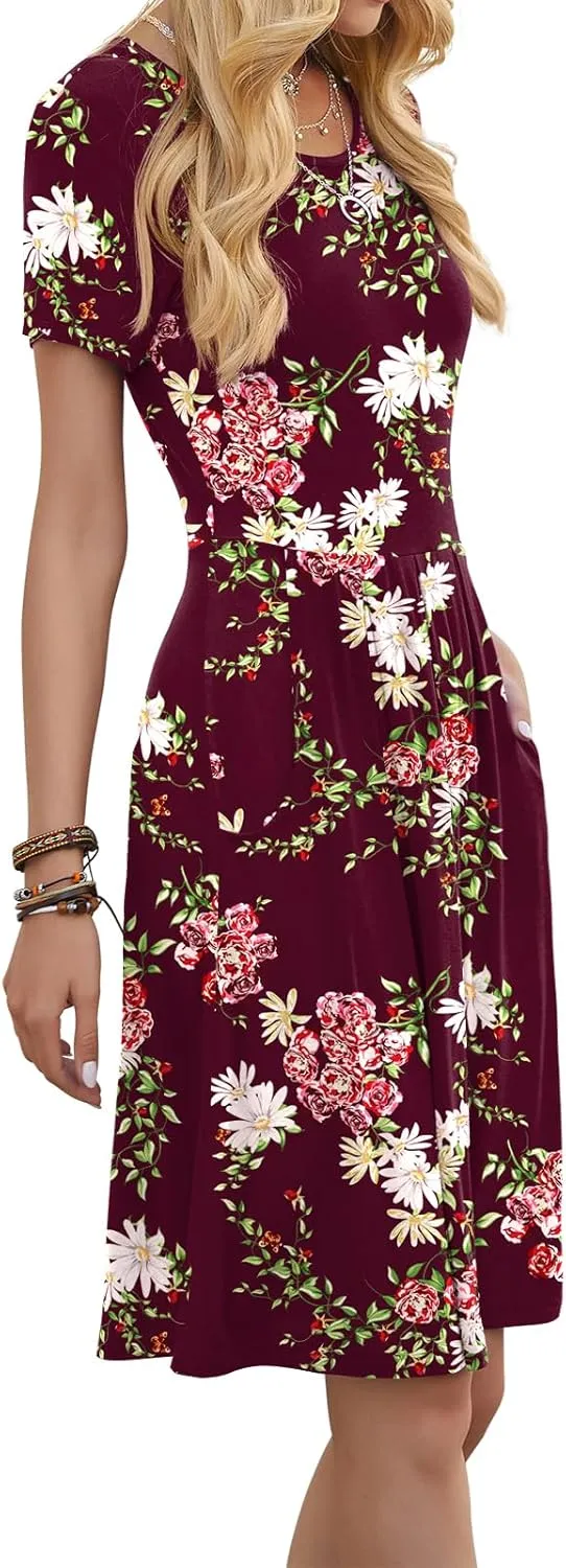 DouBCQ Women's Casual Flowy Pleated Loose Dresses with Pockets