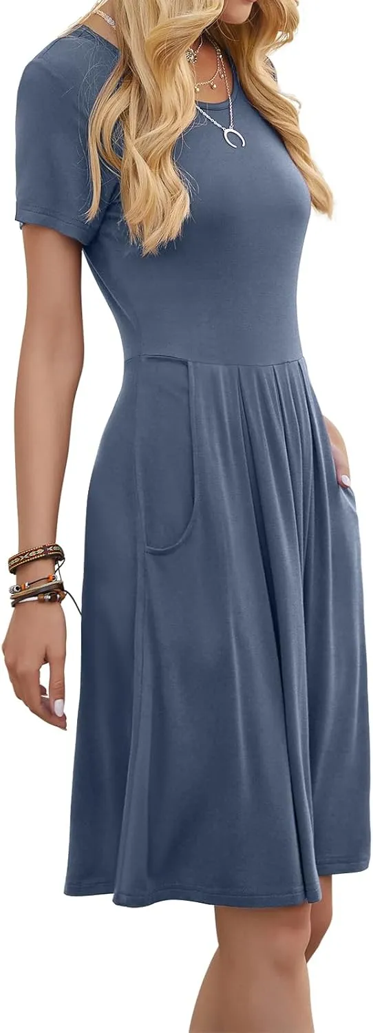 DouBCQ Women's Casual Flowy Pleated Loose Dresses with Pockets