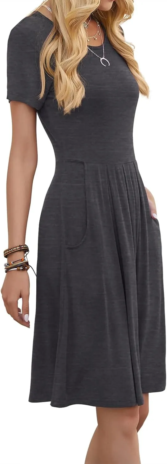 DouBCQ Women's Casual Flowy Pleated Loose Dresses with Pockets