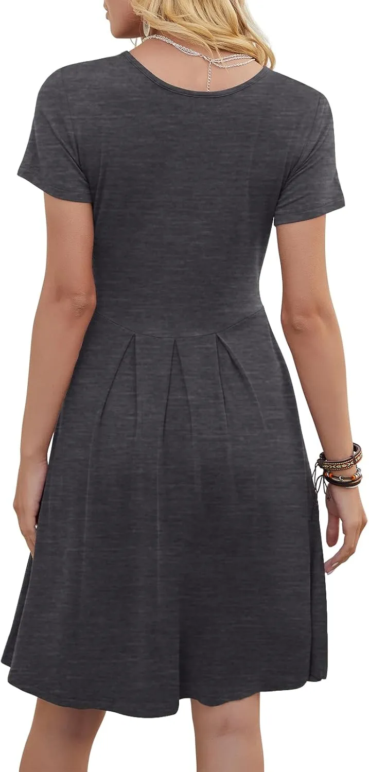 DouBCQ Women's Casual Flowy Pleated Loose Dresses with Pockets