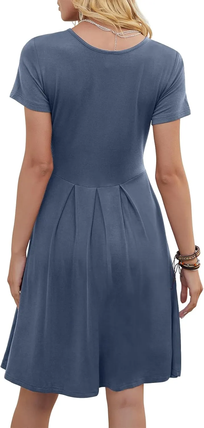 DouBCQ Women's Casual Flowy Pleated Loose Dresses with Pockets
