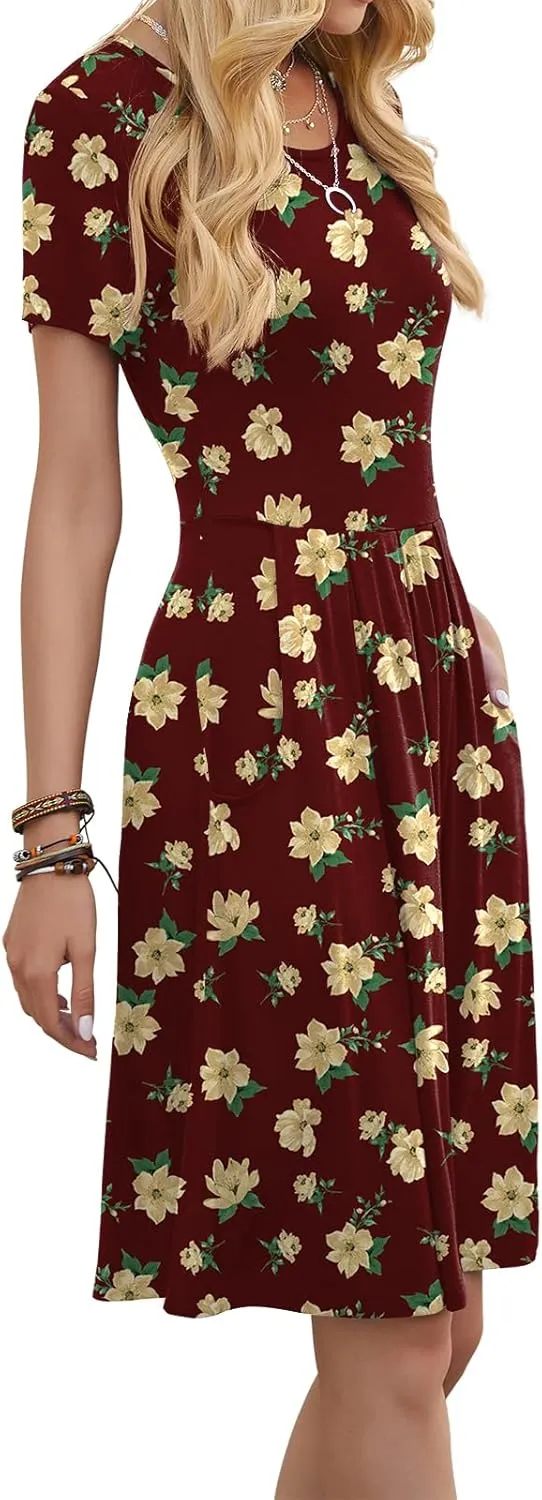 DouBCQ Women's Casual Flowy Pleated Loose Dresses with Pockets