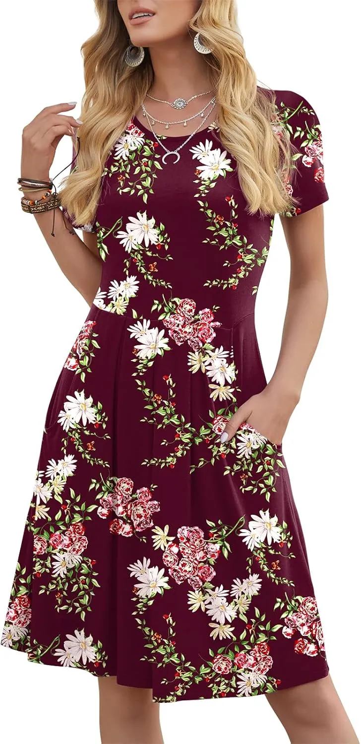 DouBCQ Women's Casual Flowy Pleated Loose Dresses with Pockets