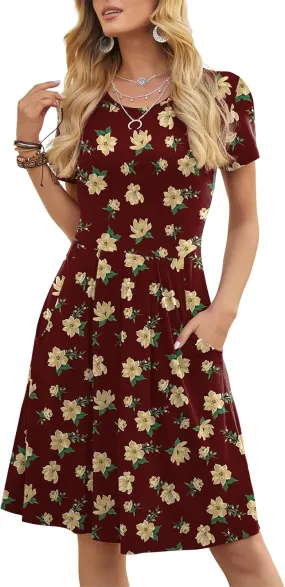 DouBCQ Women's Casual Flowy Pleated Loose Dresses with Pockets