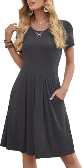 DouBCQ Women's Casual Flowy Pleated Loose Dresses with Pockets