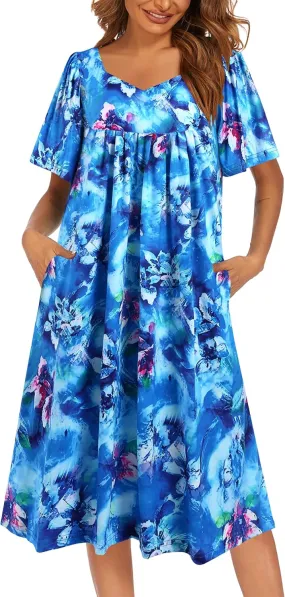Ekouaer Women's House Dress - Pleated Nightgown with Short Sleeves & Pockets