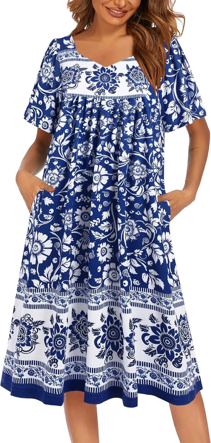 Ekouaer Women's House Dress - Pleated Nightgown with Short Sleeves & Pockets