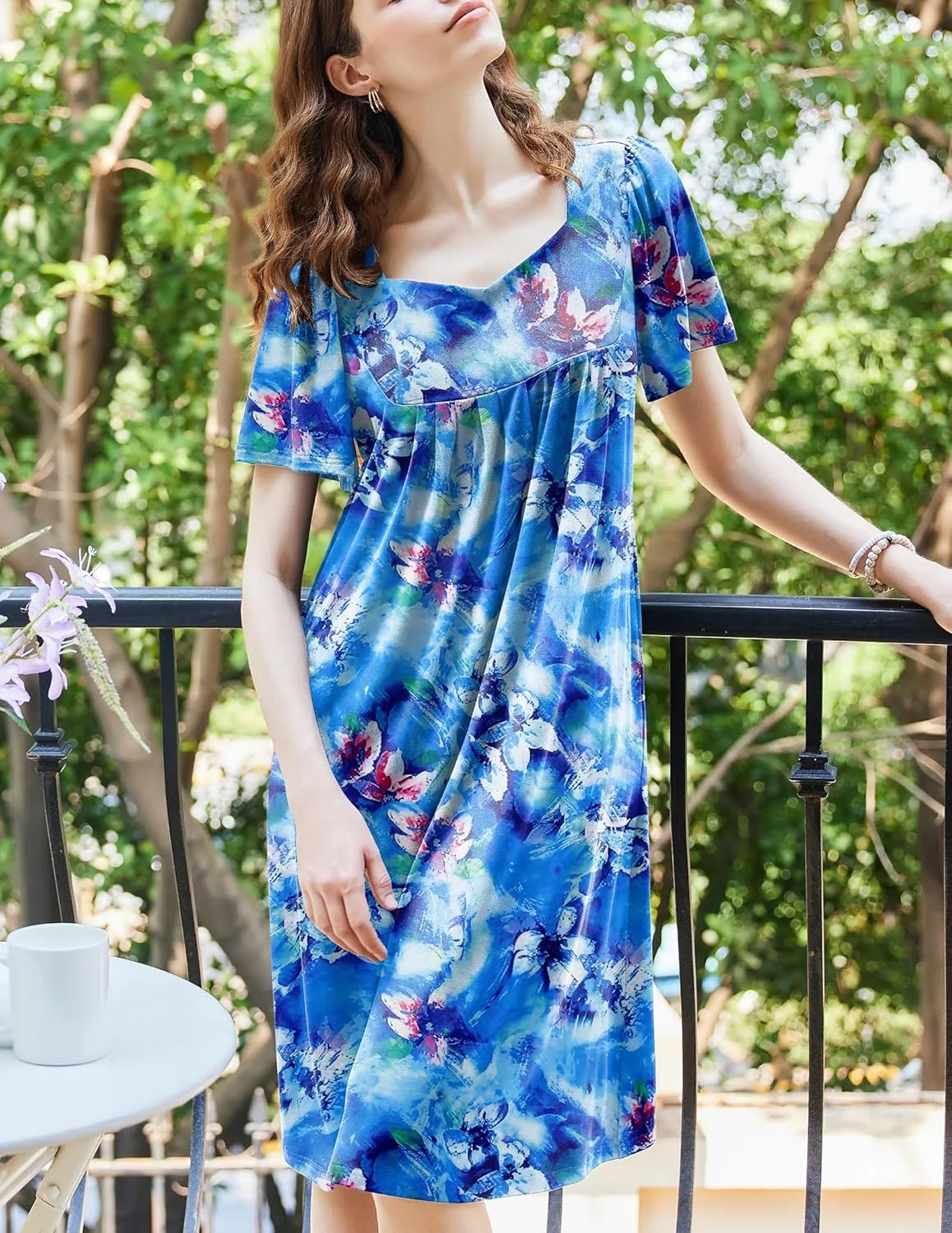 Ekouaer Women's House Dress - Pleated Nightgown with Short Sleeves & Pockets