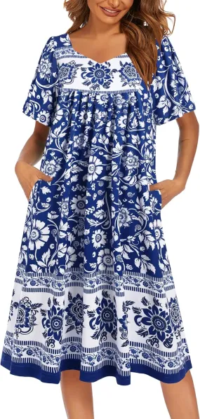 Ekouaer Women's House Dress - Pleated Nightgown with Short Sleeves & Pockets