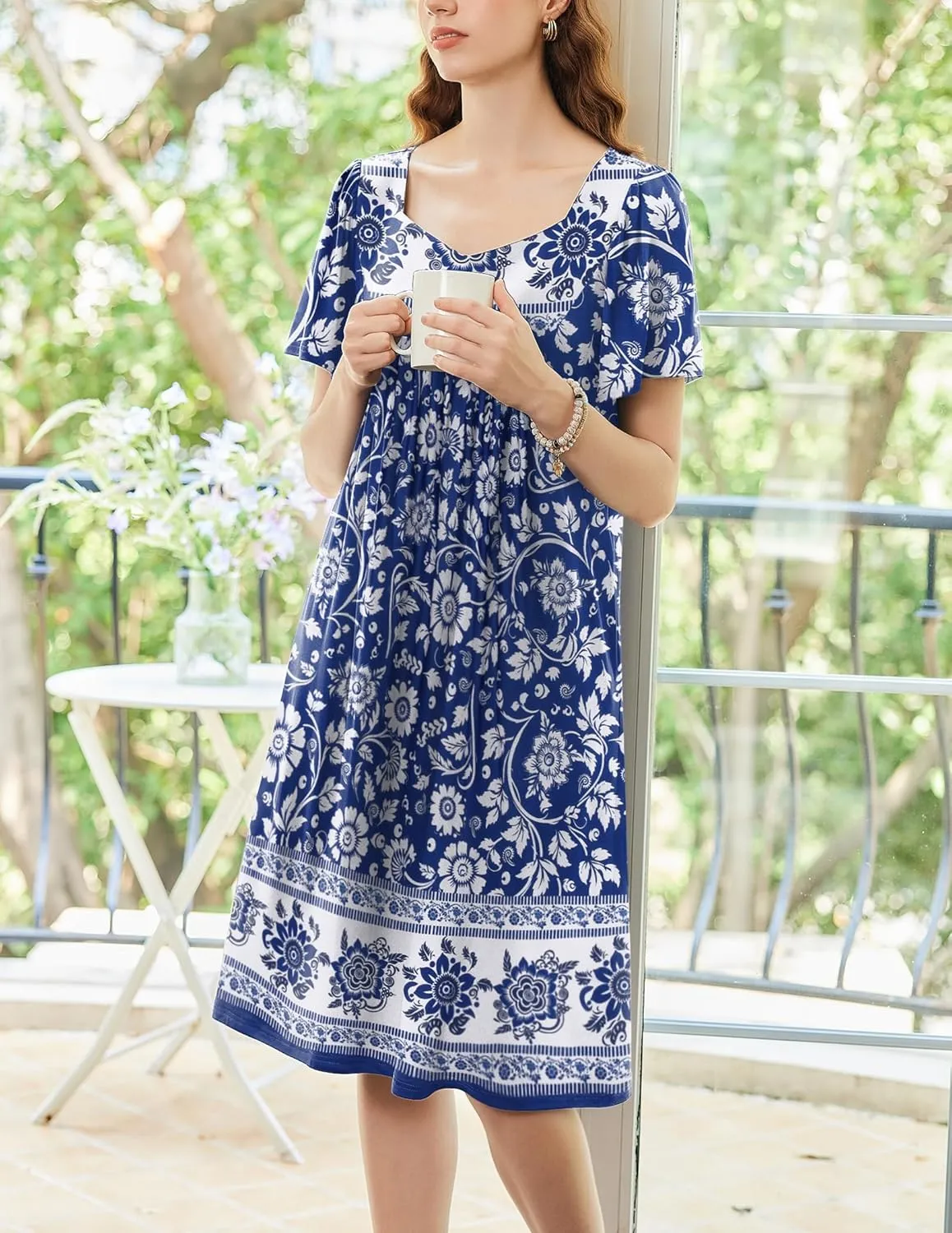 Ekouaer Women's House Dress - Pleated Nightgown with Short Sleeves & Pockets