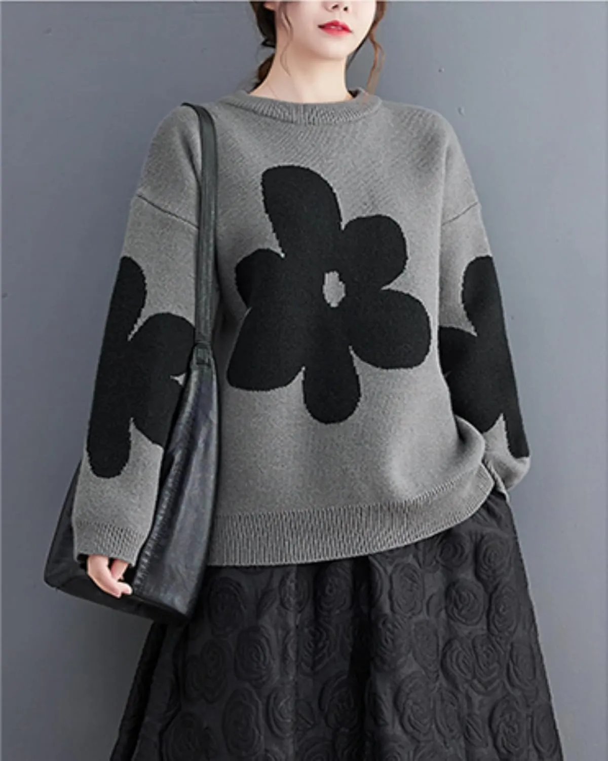 ellazhu Women's Funky Crew Neck Printed Knitwear Pullover Sweater Top GZ52