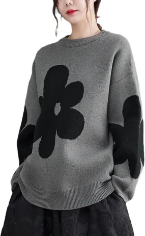 ellazhu Women's Funky Crew Neck Printed Knitwear Pullover Sweater Top GZ52