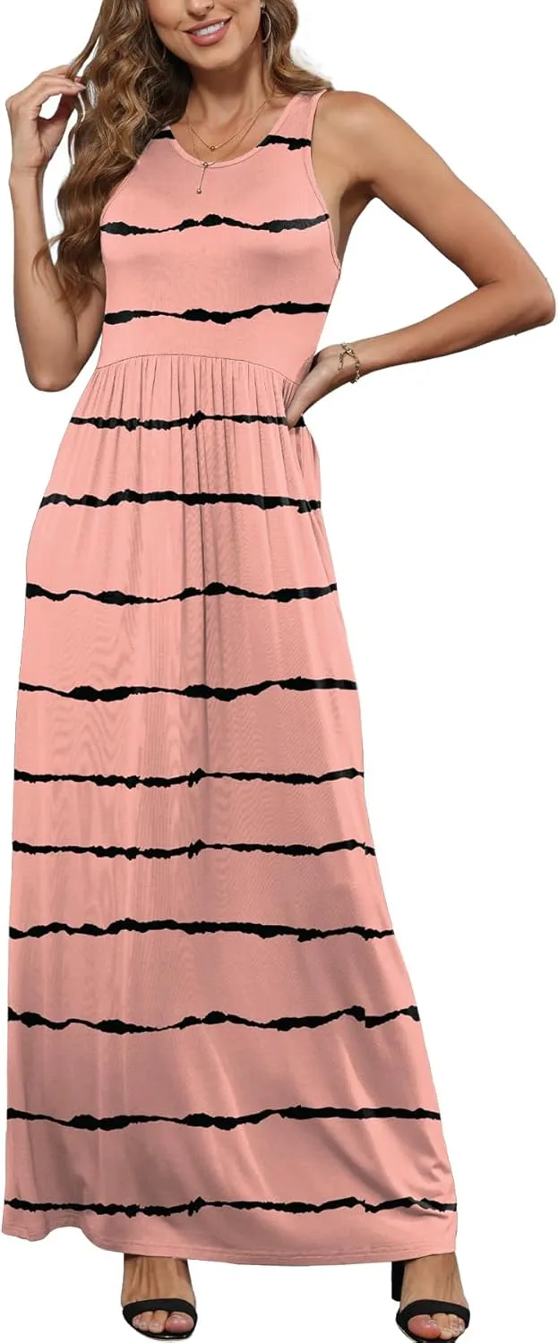 EUOVMY Women's Sleeveless Dress Casual Plain Loose Summer Vacation Long Maxi Dresses with Pockets