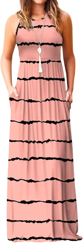 EUOVMY Women's Sleeveless Dress Casual Plain Loose Summer Vacation Long Maxi Dresses with Pockets