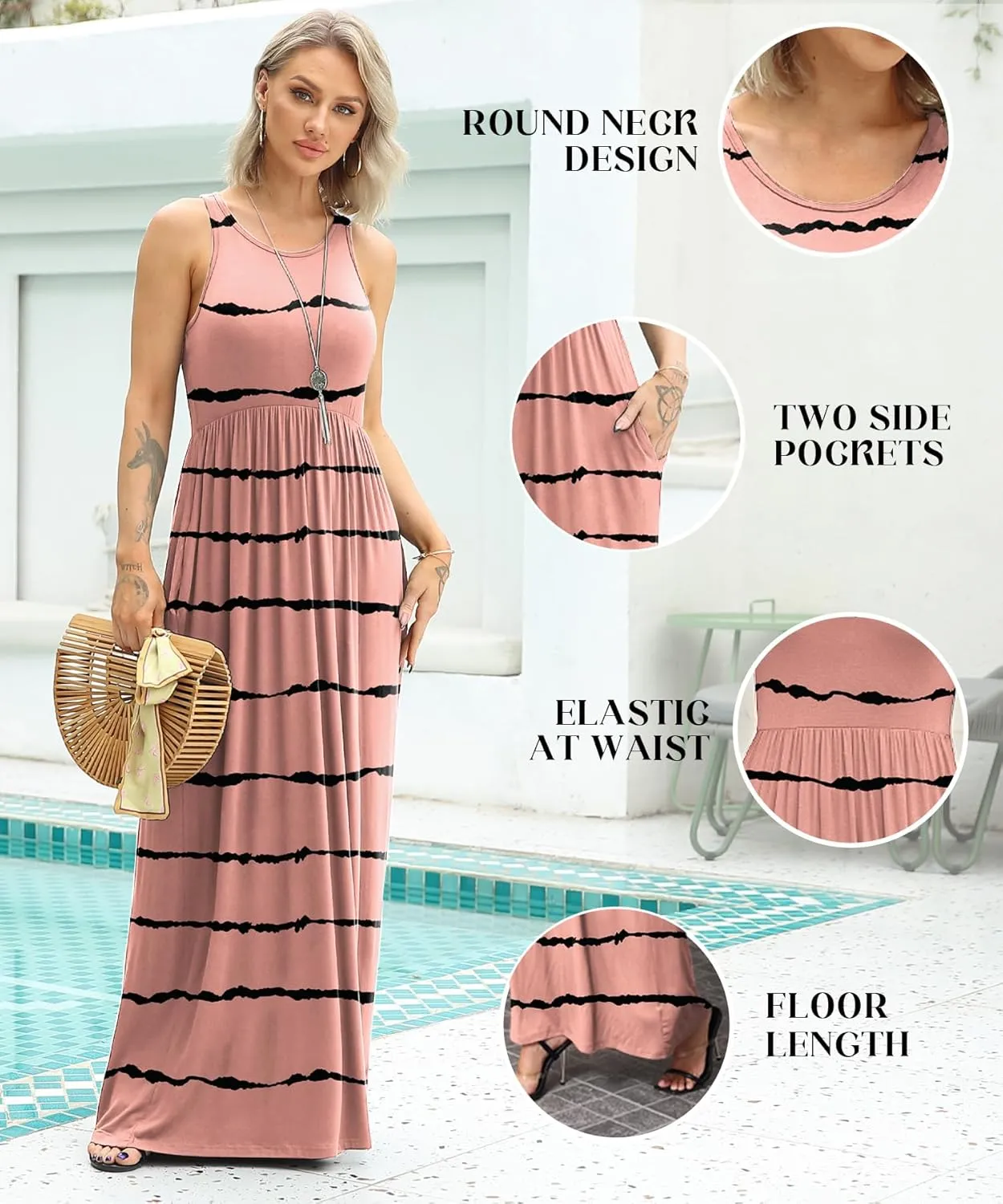 EUOVMY Women's Sleeveless Dress Casual Plain Loose Summer Vacation Long Maxi Dresses with Pockets