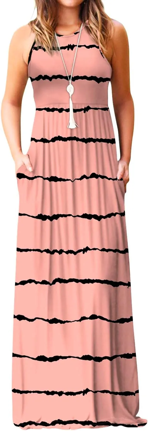 EUOVMY Women's Sleeveless Dress Casual Plain Loose Summer Vacation Long Maxi Dresses with Pockets