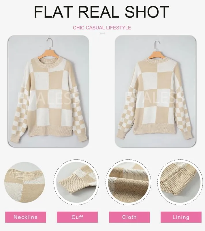 EVALESS Womens Sweaters Fall Fashion Cable Knit Checkered Oversized Sweater Tops