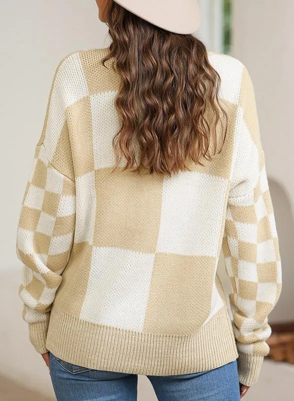 EVALESS Womens Sweaters Fall Fashion Cable Knit Checkered Oversized Sweater Tops