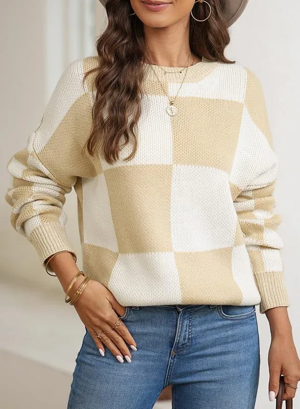 EVALESS Womens Sweaters Fall Fashion Cable Knit Checkered Oversized Sweater Tops