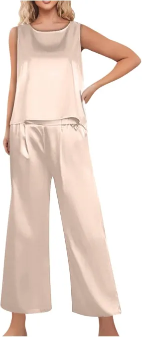 Fall Pajamas for Womens Pajamas 2 Piece Lounge Set Ribbed Knit Loungewear Sleeveless Tank Top Long Pants Sets S-XXL