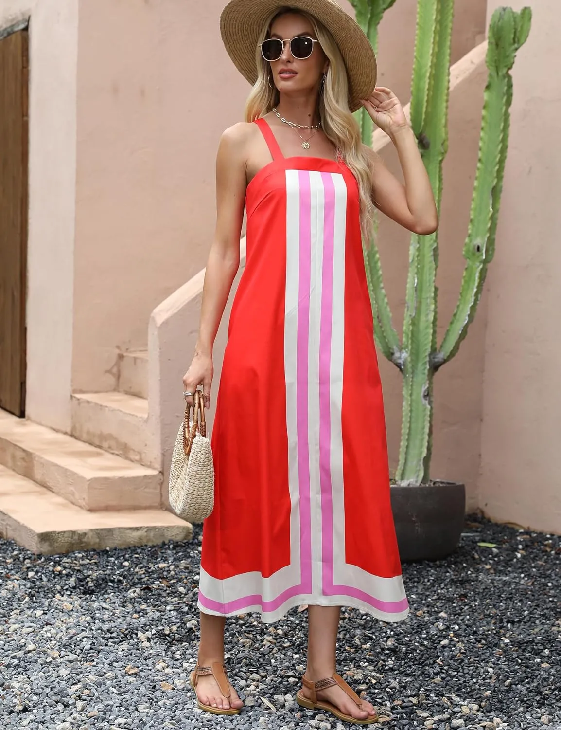 Fiona Jolin Womens Summer Maxi Dress Boho Striped Shoulder Strap Long Sundress Beach Cover Up Dress