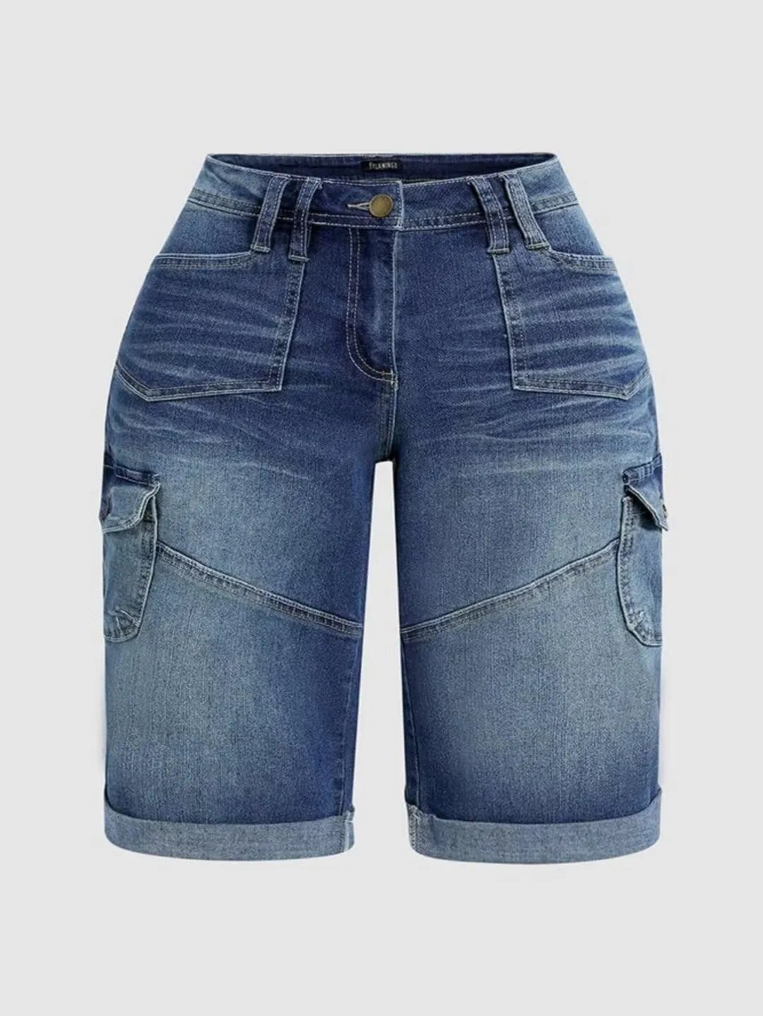Flamingals Women's Bermuda Denim Straight Leg Shorts with Flap Pockets Mid Waist Casual Shorts Roll Hem