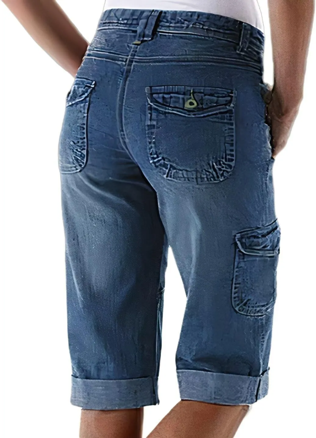 Flamingals Women's Bermuda Denim Straight Leg Shorts with Flap Pockets Mid Waist Casual Shorts Roll Hem