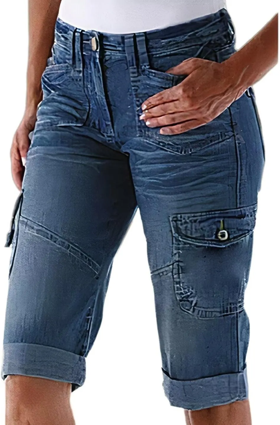 Flamingals Women's Bermuda Denim Straight Leg Shorts with Flap Pockets Mid Waist Casual Shorts Roll Hem