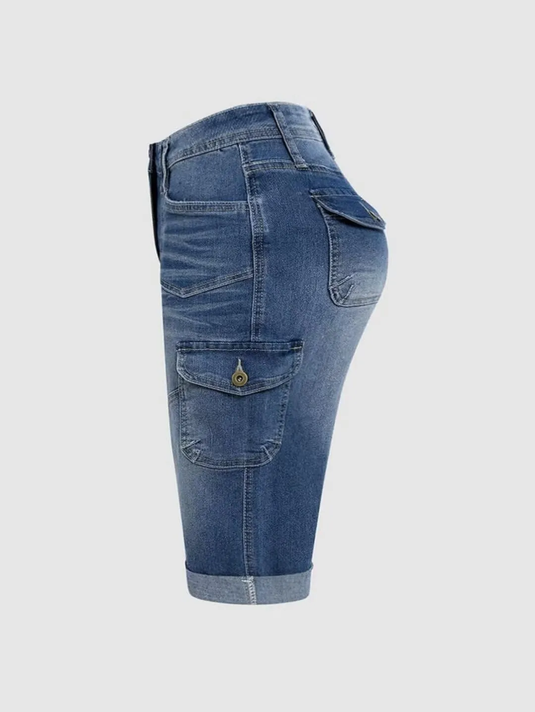 Flamingals Women's Bermuda Denim Straight Leg Shorts with Flap Pockets Mid Waist Casual Shorts Roll Hem