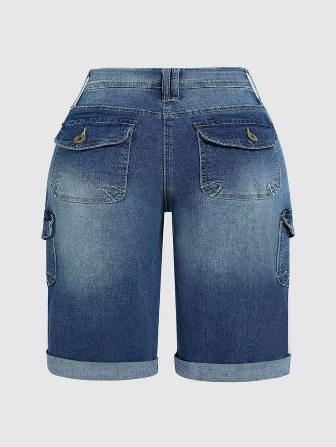 Flamingals Women's Bermuda Denim Straight Leg Shorts with Flap Pockets Mid Waist Casual Shorts Roll Hem