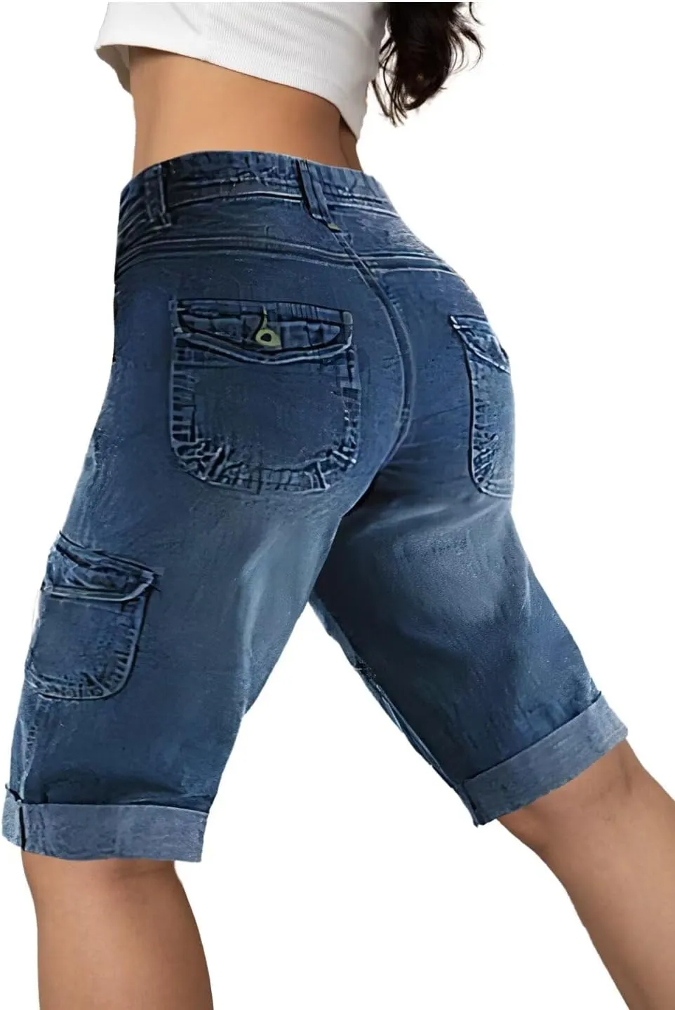 Flamingals Women's Bermuda Denim Straight Leg Shorts with Flap Pockets Mid Waist Casual Shorts Roll Hem