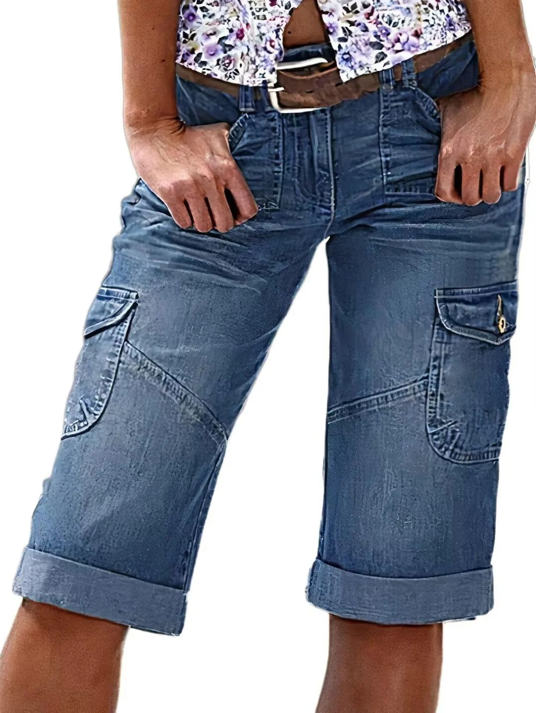 Flamingals Women's Bermuda Denim Straight Leg Shorts with Flap Pockets Mid Waist Casual Shorts Roll Hem