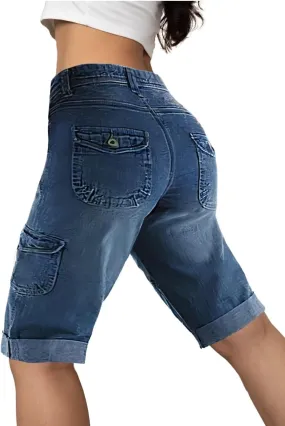 Flamingals Women's Bermuda Denim Straight Leg Shorts with Flap Pockets Mid Waist Casual Shorts Roll Hem