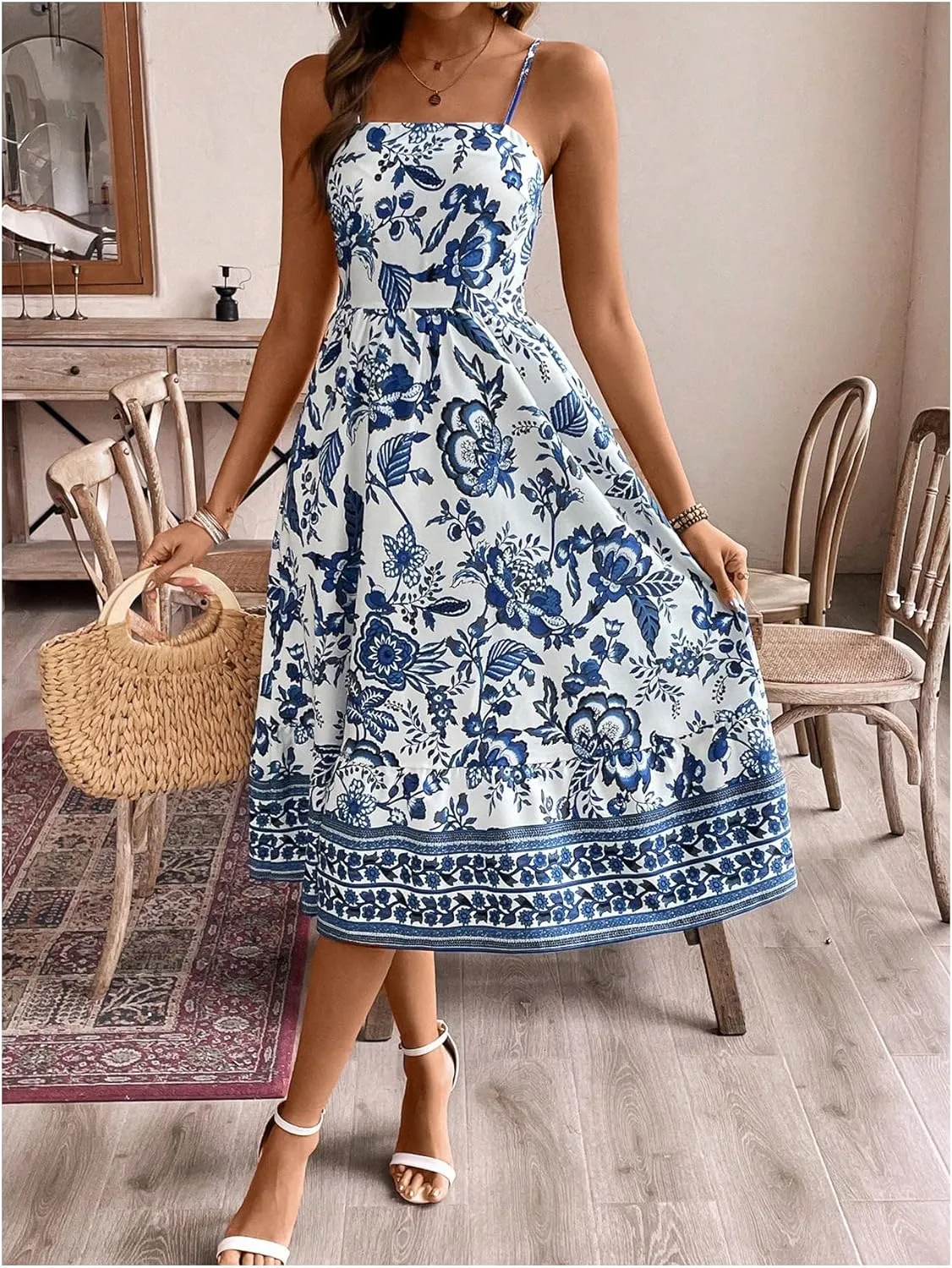 Floerns Women's Boho Floral Spaghetti Strap Dress Shirred Flared A Line Midi Dress