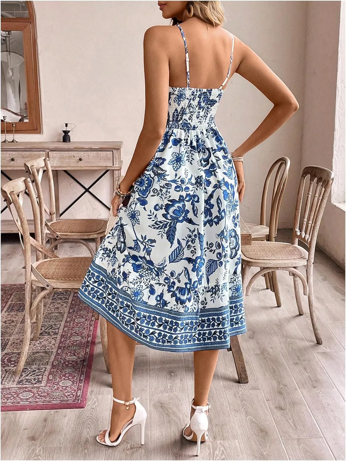 Floerns Women's Boho Floral Spaghetti Strap Dress Shirred Flared A Line Midi Dress
