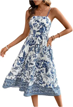 Floerns Women's Boho Floral Spaghetti Strap Dress Shirred Flared A Line Midi Dress