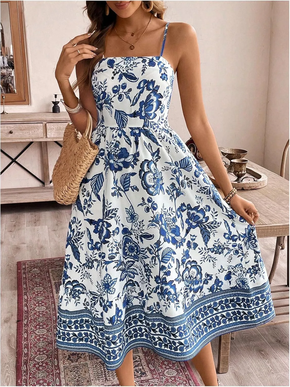Floerns Women's Boho Floral Spaghetti Strap Dress Shirred Flared A Line Midi Dress