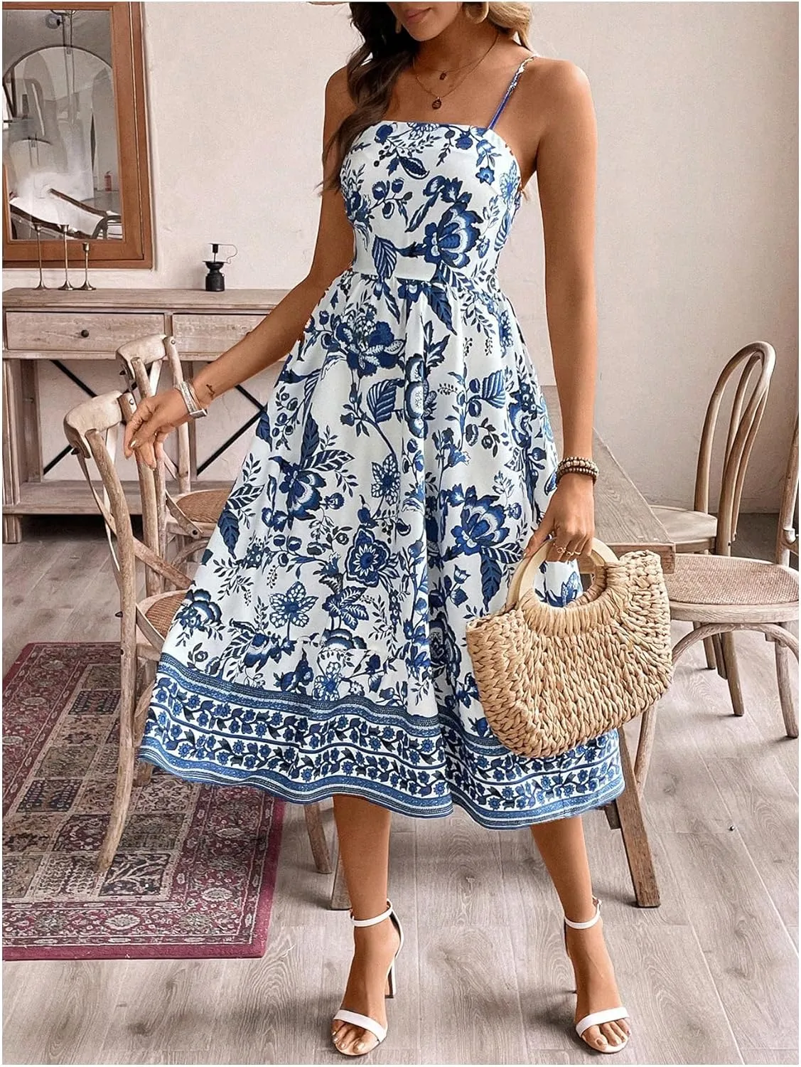 Floerns Women's Boho Floral Spaghetti Strap Dress Shirred Flared A Line Midi Dress