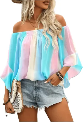 Floerns Women's Boho Off Shoulder 3/4 Bell Sleeve Summer Blouse Top