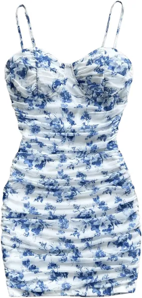 Floerns Women's Floral Print Ruched Cami Mini Dress Sleeveless Boho Bodycon Dress