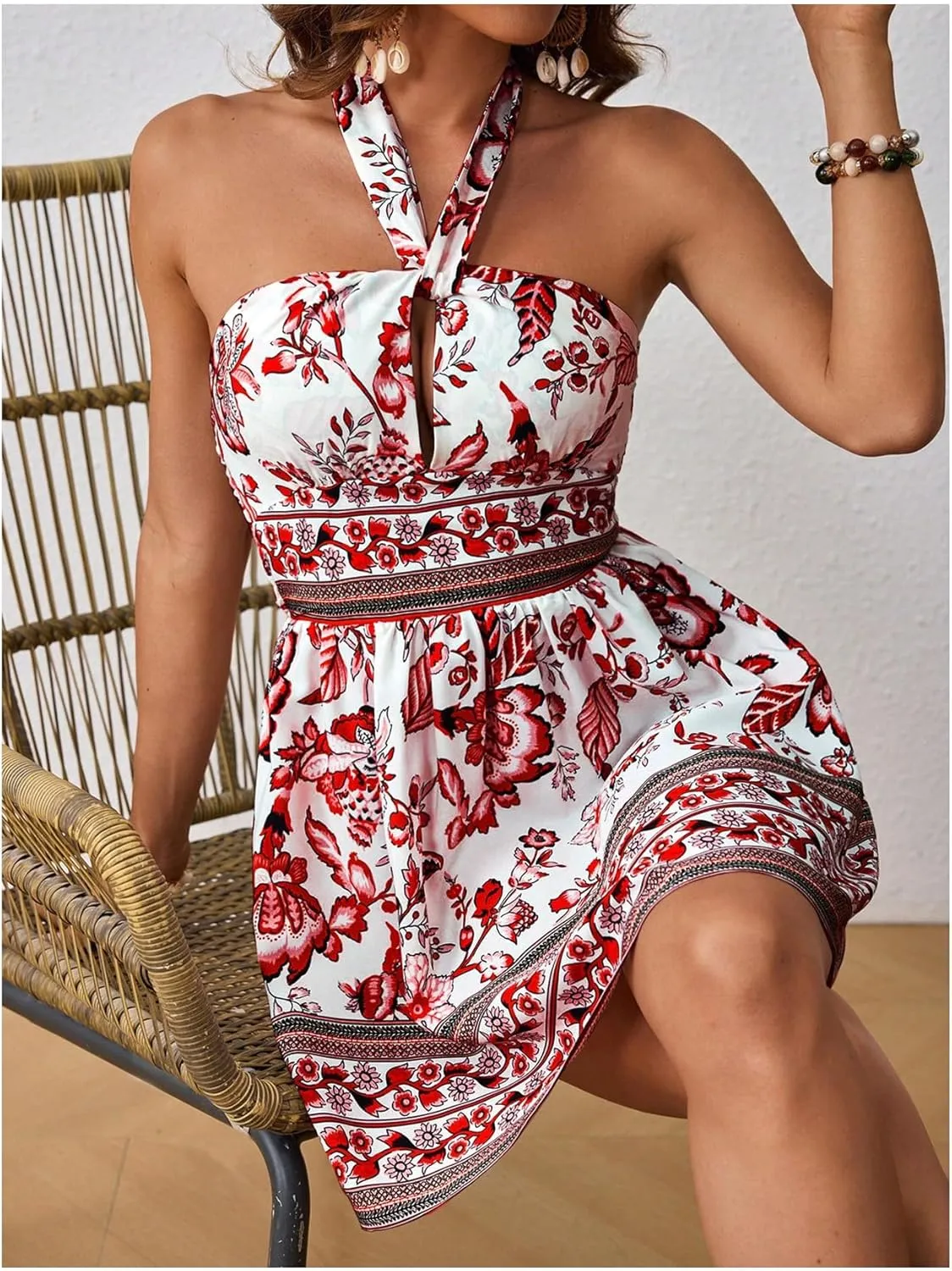 Floerns Women's Floral Print Sleeveless Halter Neck Tie Back Summer A Line Dress