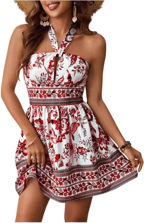 Floerns Women's Floral Print Sleeveless Halter Neck Tie Back Summer A Line Dress