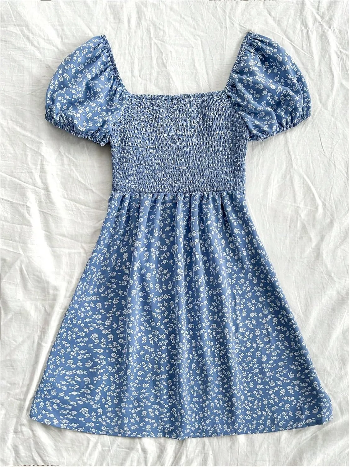 Floerns Women's Floral Puff Short Sleeve A Line Dress Ruched Bust Boho Mini Dresses