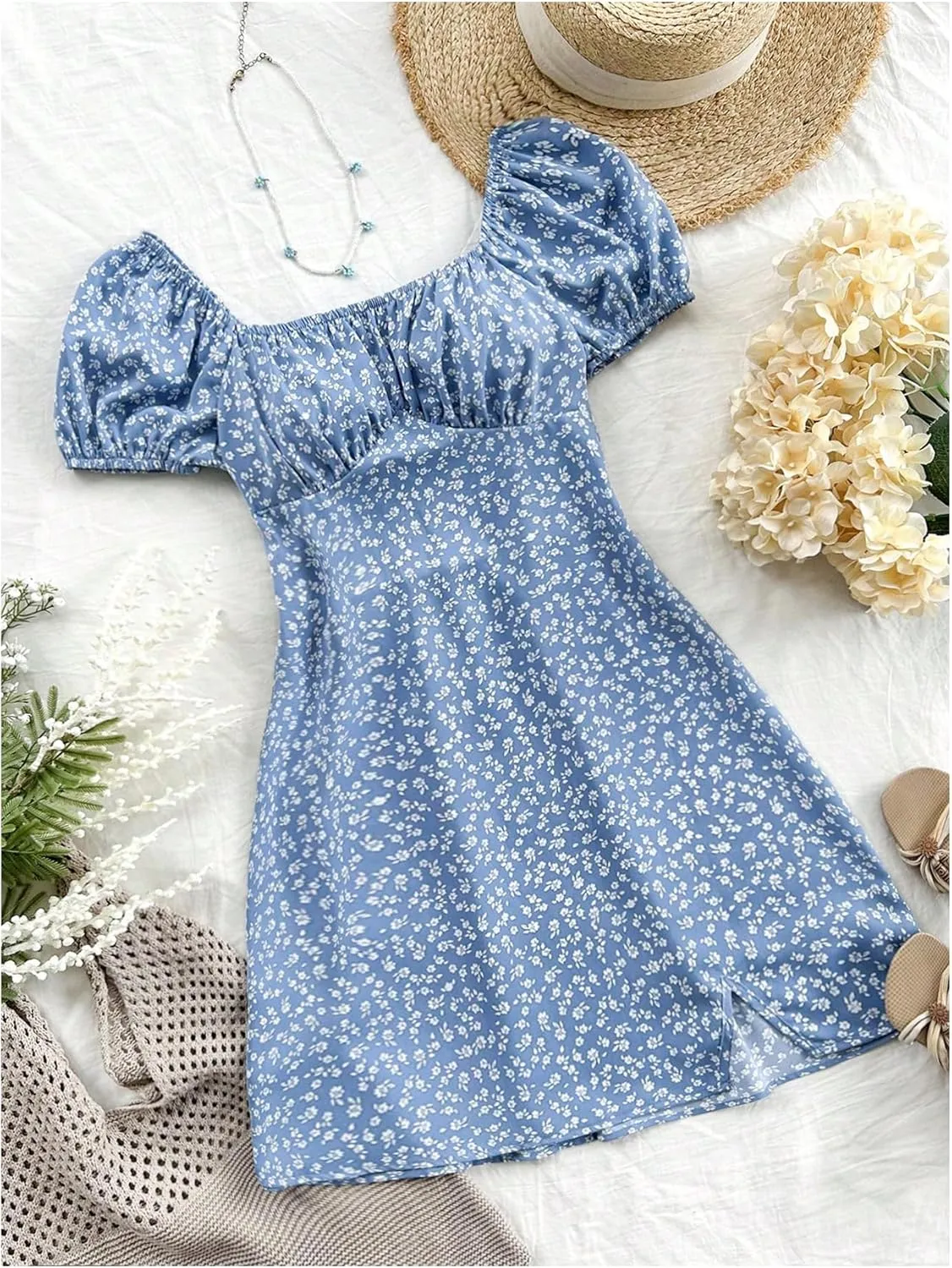 Floerns Women's Floral Puff Short Sleeve A Line Dress Ruched Bust Boho Mini Dresses