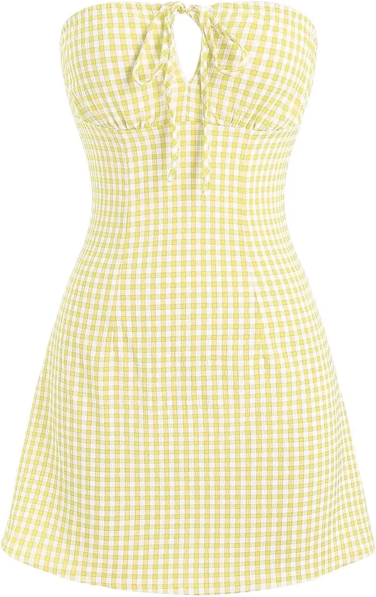 Floerns Women's Gingham Print Strapless Tube Dress Tie Front A Line Boho Dresses